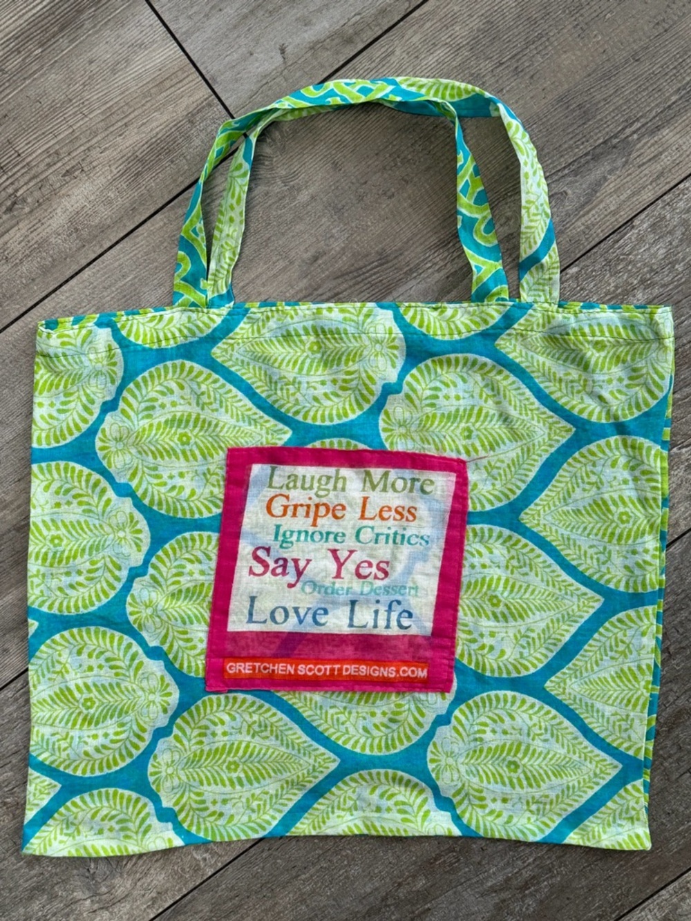 Gretchen Scott Designs Fun “Say Yes” Blue & Green Leaf Print Shopping tote!